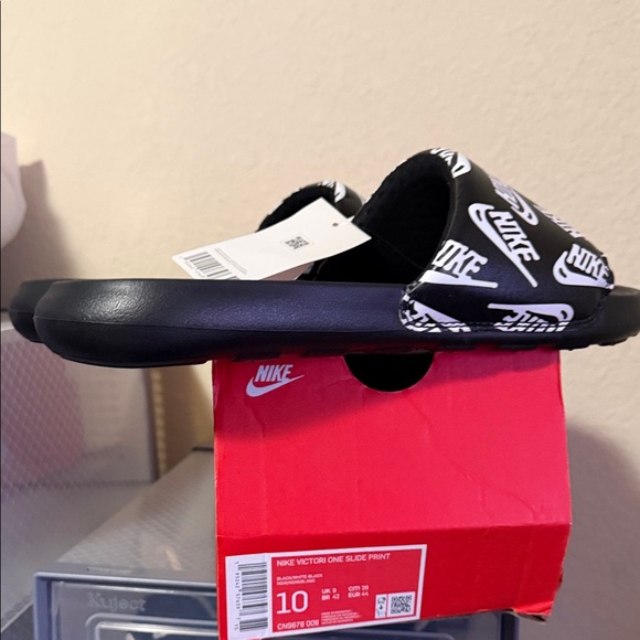 Nike Other - Nike Slide Sandals in Black with White Logo Print